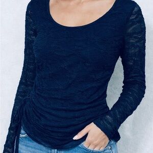 La Peche Textured Lace Ruched Top Small Long Sleeve Stretch Semi Sheer RN 141178